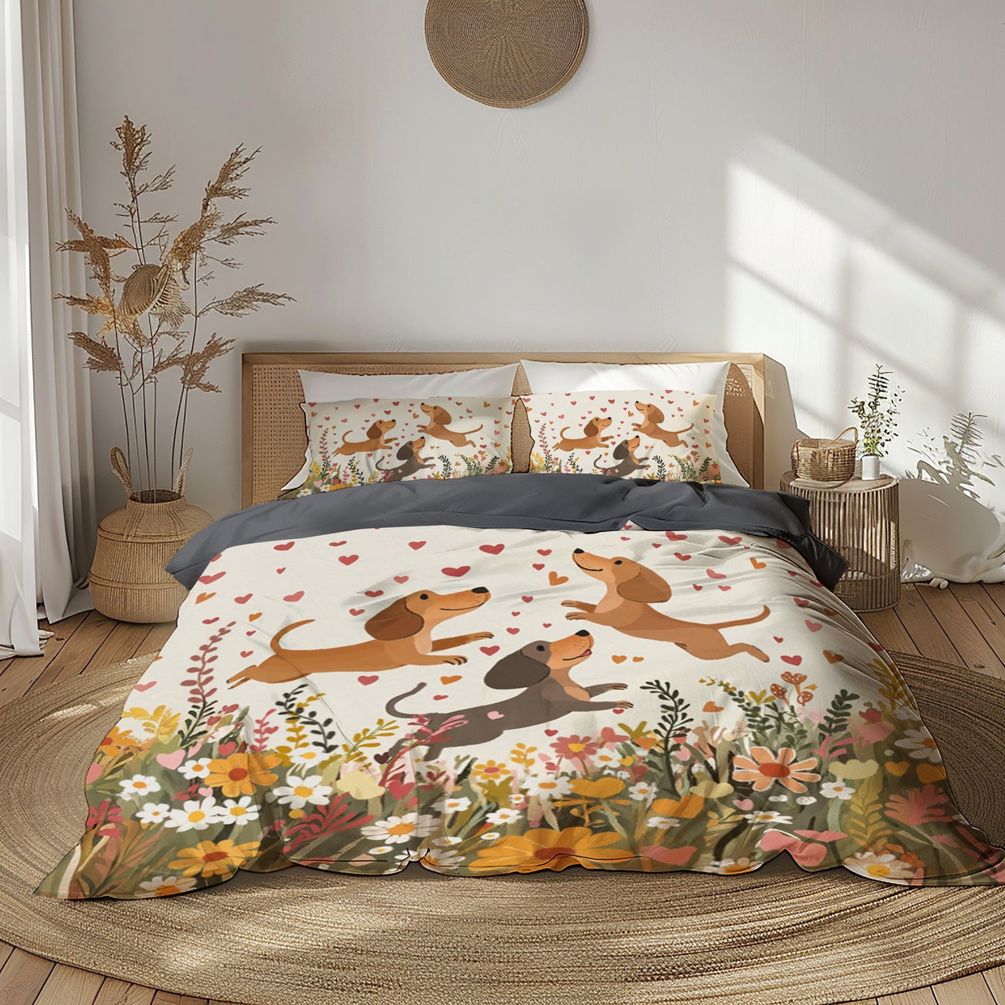 Ensemble de housse de couette 3 pièces Shineful - Teckel floral avec cœur