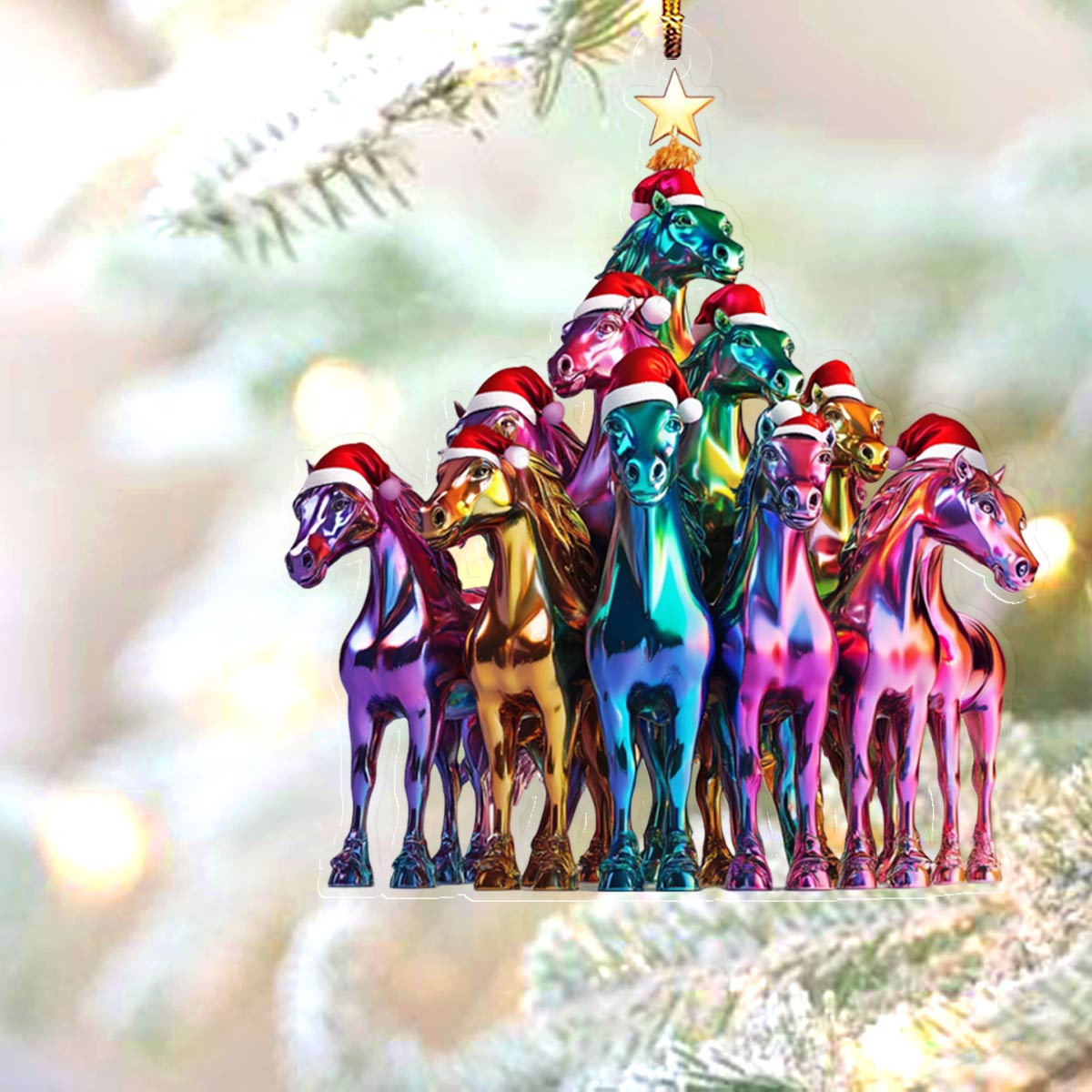 Ornement en acrylique 2D brillant Superbes chevaux pour sapin de Noël