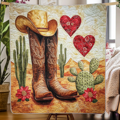 Shineful Flat Print Faux Quilt Blanket - Western Charm with Cowboy Boots and Cactus