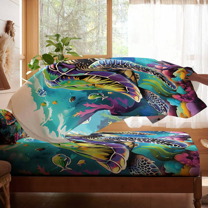 Shineful 4-Piece Bed Sheet Set Neon Sea Turle