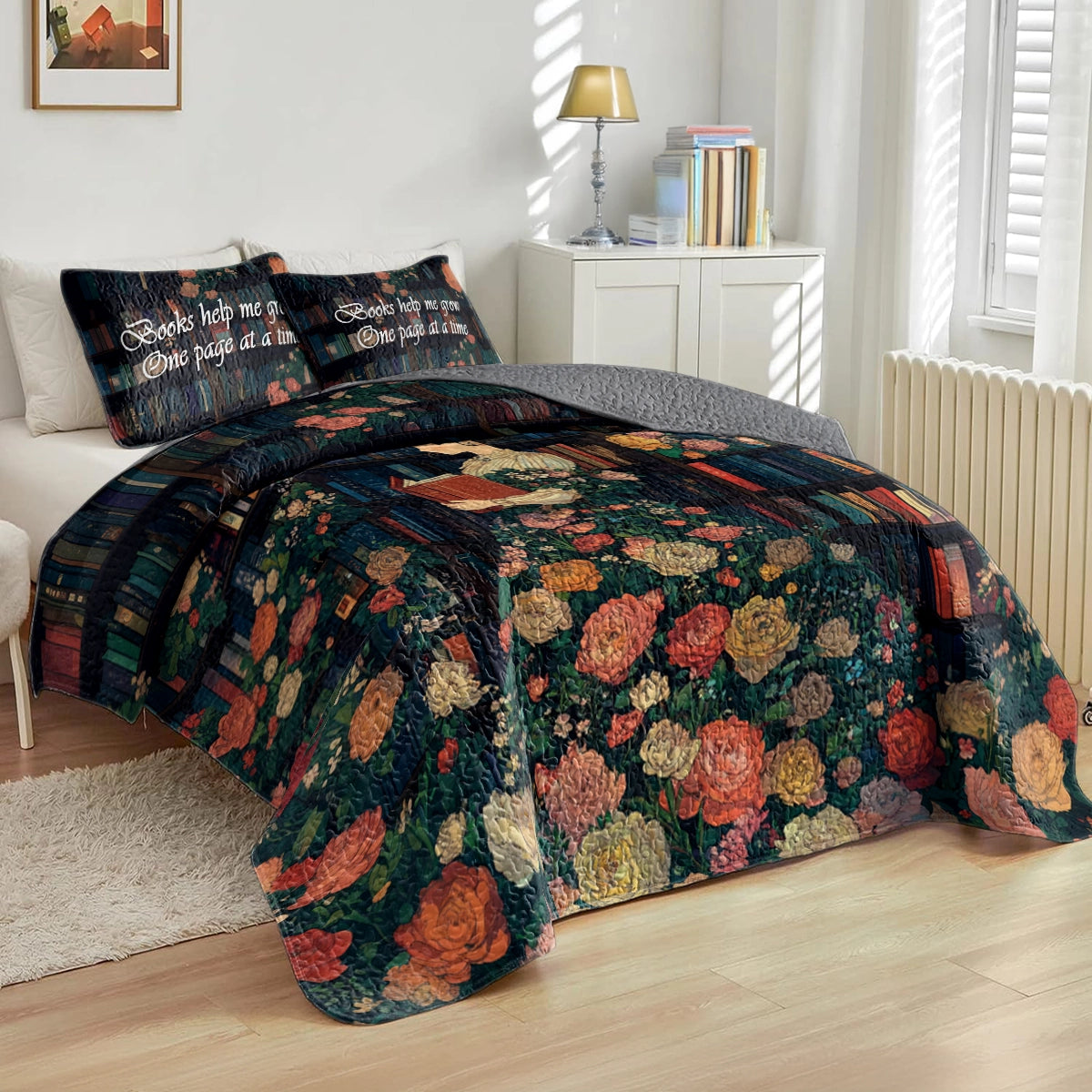 Shineful All Season Quilt 3-Piece Set Reading Literary Garden