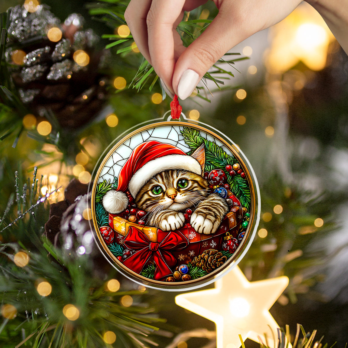 Shineful 2D Acrylic Ornament Stained Glass Cute Cat With Gift Box