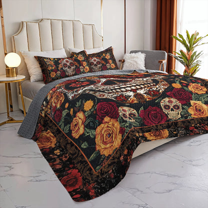 Shineful All Season Quilt 3-Piece Set - Enchanted Floral Skull