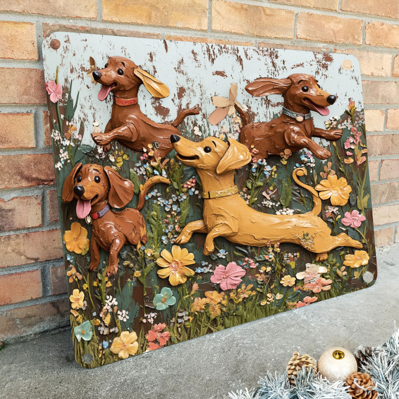 Shineful 2D Flat Print Metal Sign Cute Dachshunds In Flowers Garden