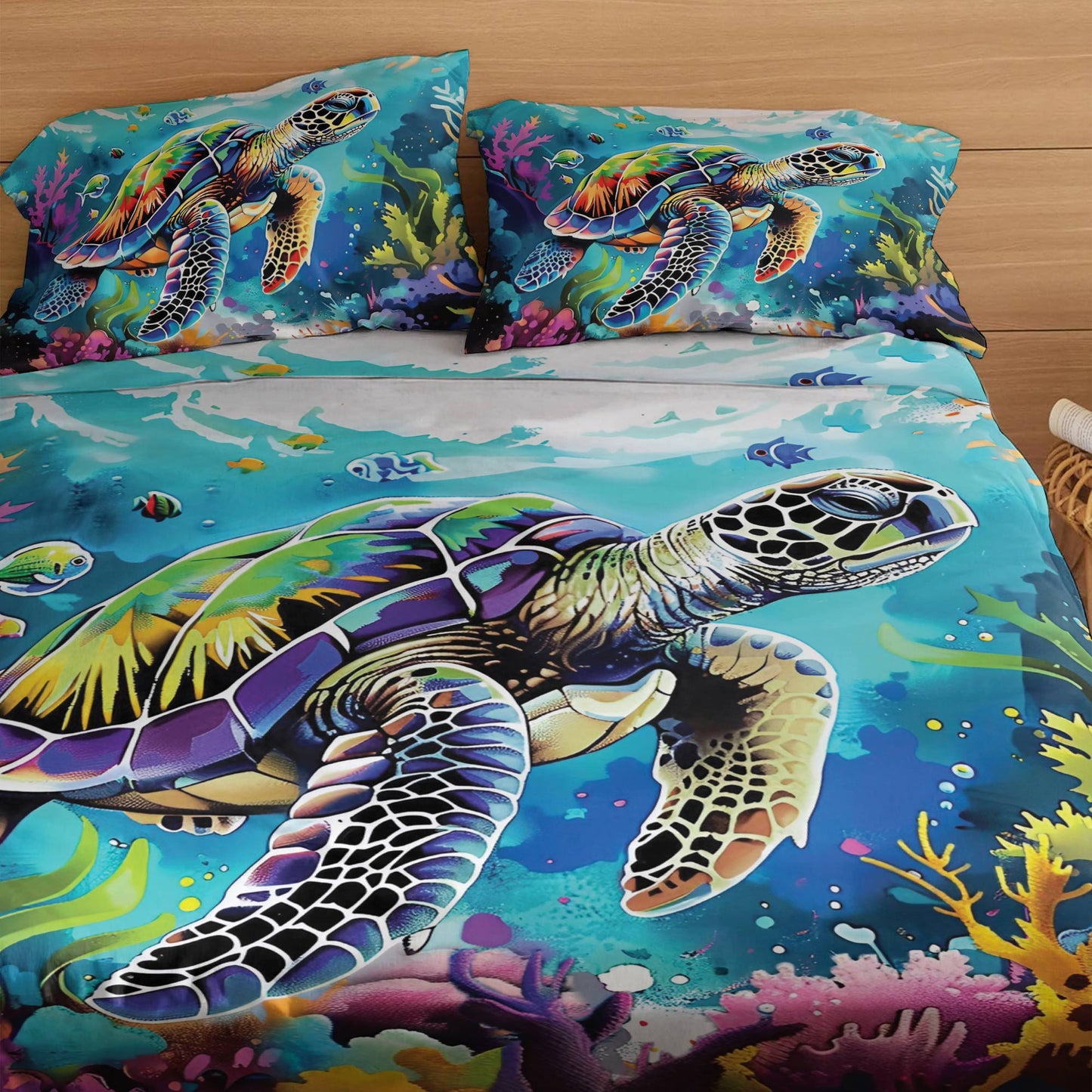 Shineful 4-Piece Bed Sheet Set Neon Sea Turle