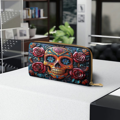 Shineful Leather Clutch Purse With Wristlet Strap Handle Vivid Skull and Roses