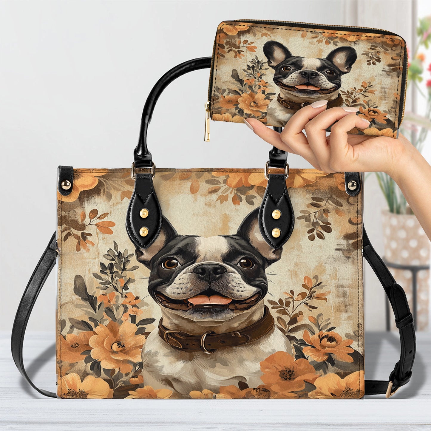 Shineful Leather Bag French Bulldog Floral