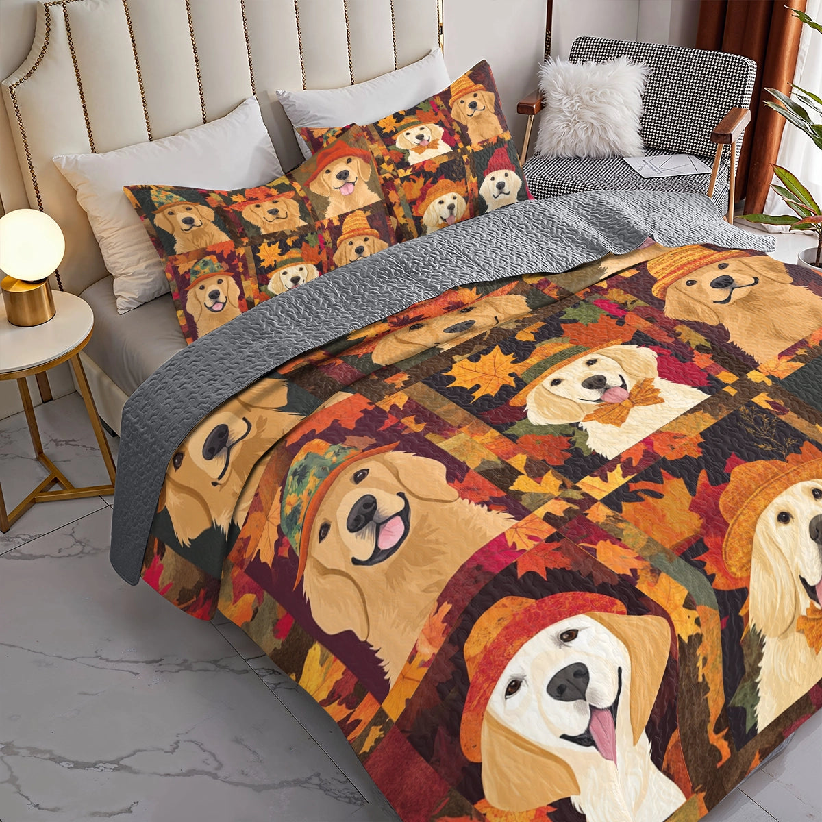 Shineful All Season Quilt 3-Piece Set Autumn Golden Paw