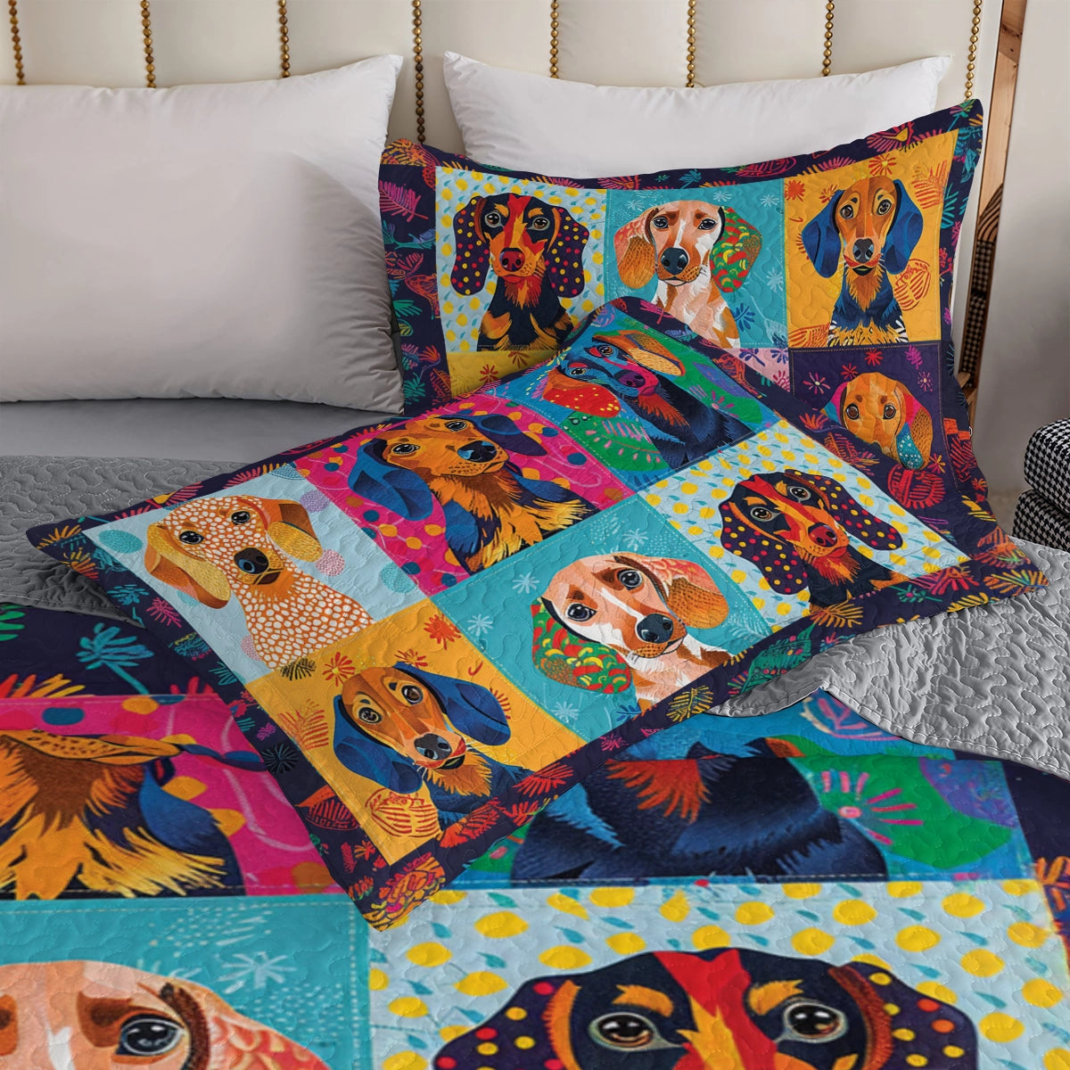 Shineful All Season Quilt 3-Piece Set Vibrant Patchwork Dachshund