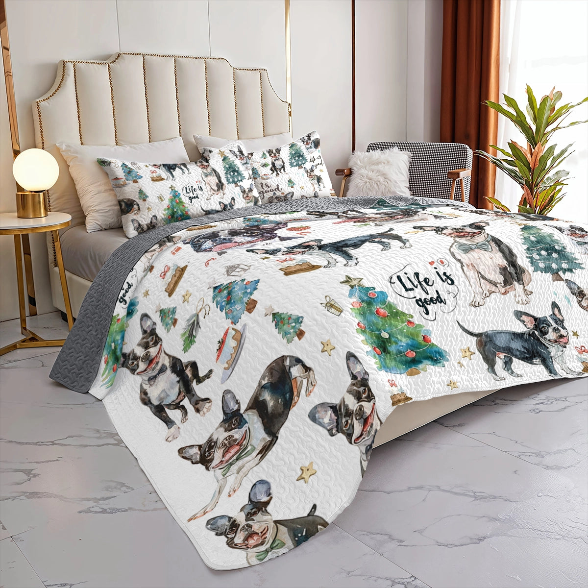 Shineful All Season Quilt 3-Piece Set Boston Terriers Holiday Hound