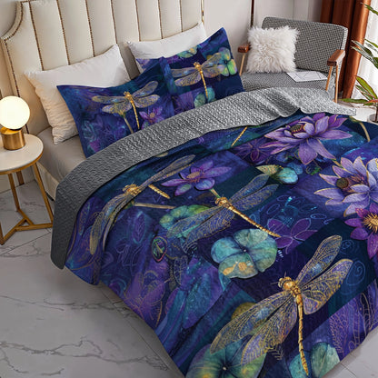 Shineful All Season Quilt 3-Piece Set Enchanted Dragonfly Lotus