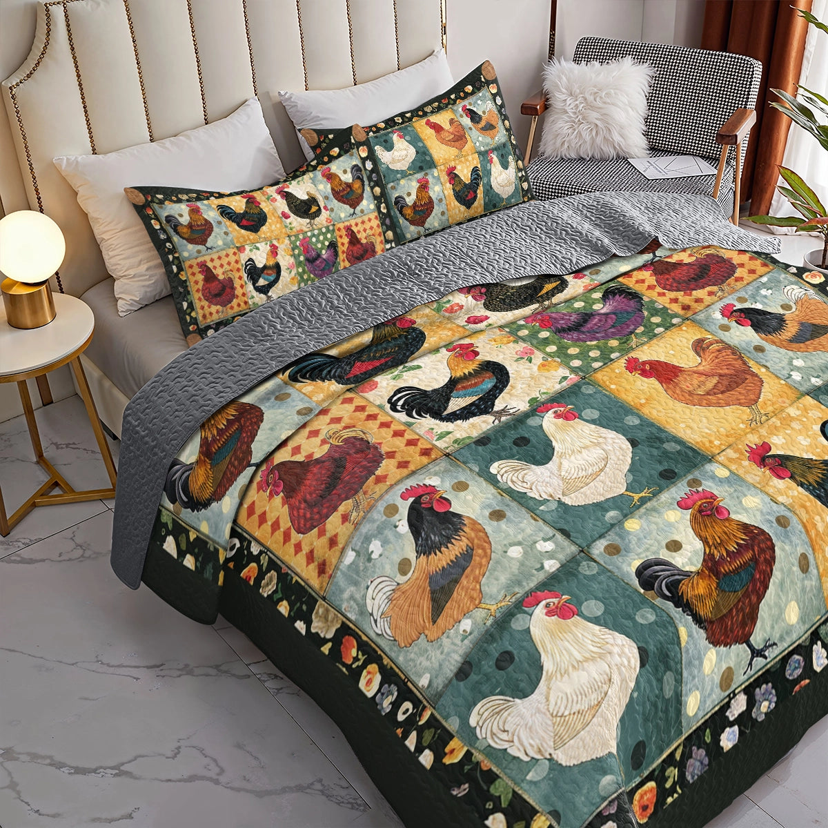 Shineful All Season Quilt 3-Piece Set Chicken Farm Rustic Roosters