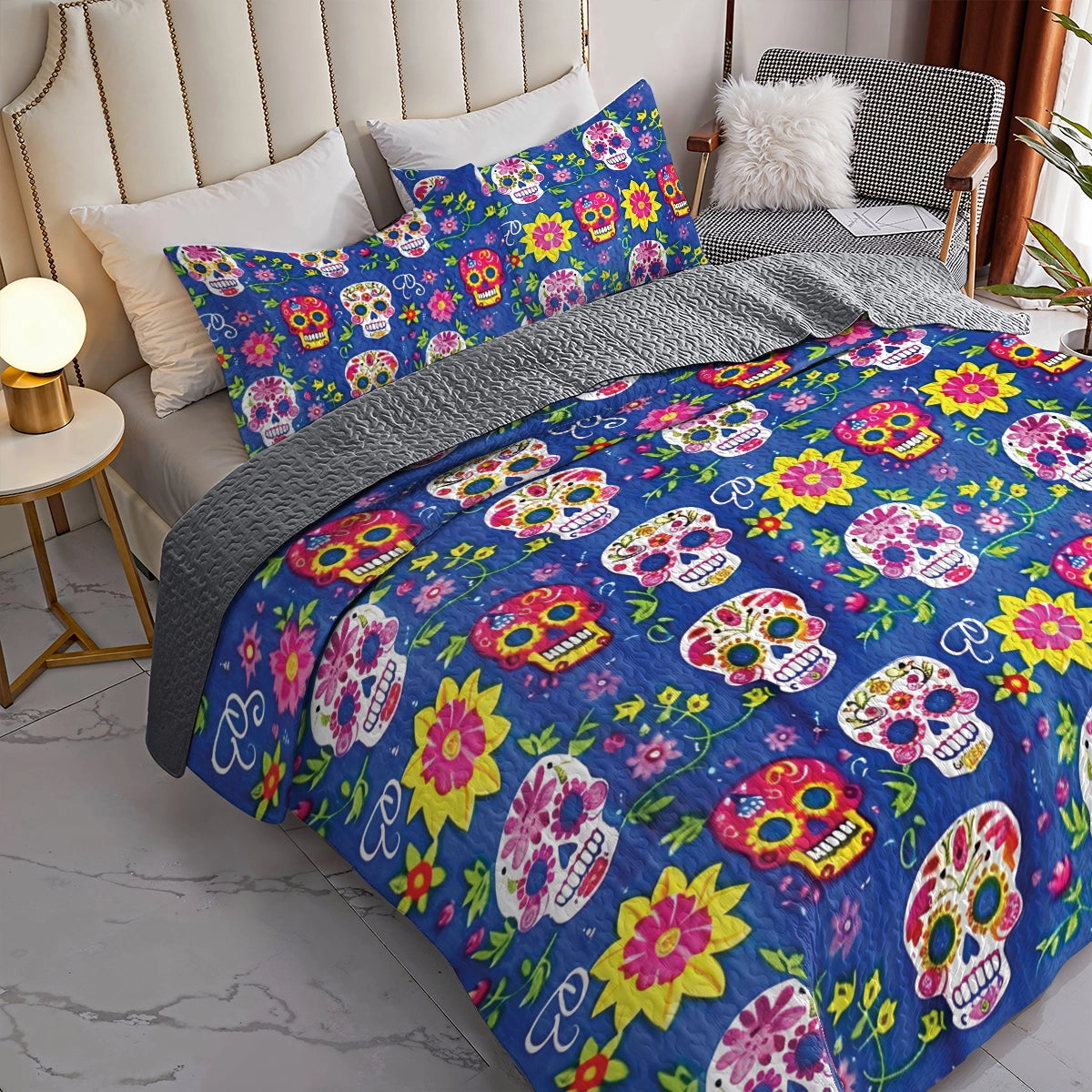 Shineful All Season Quilt 3-Piece Set Festive Sugar Skull