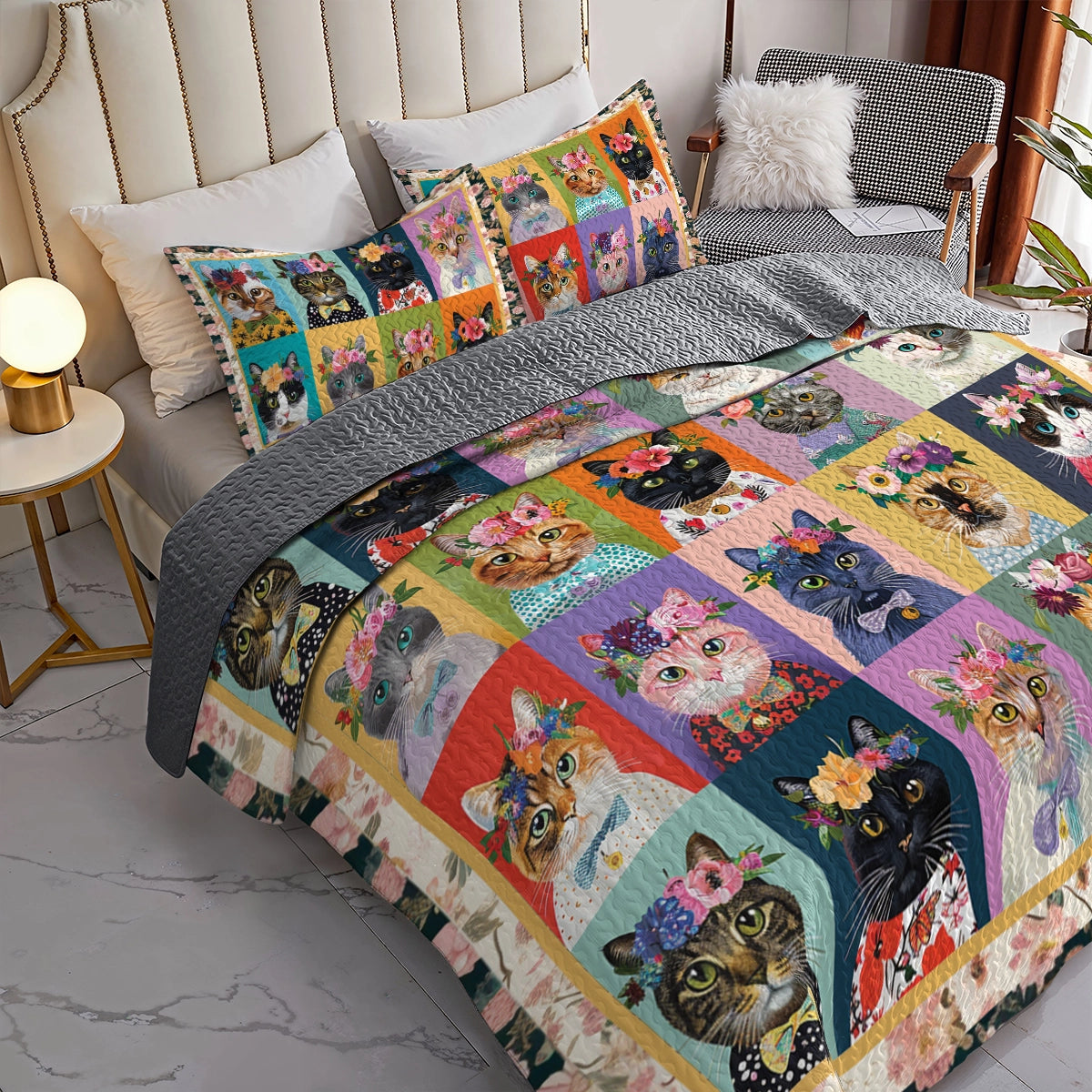 Shineful All Season Quilt 3-Piece Set Floral Cat Fantasy