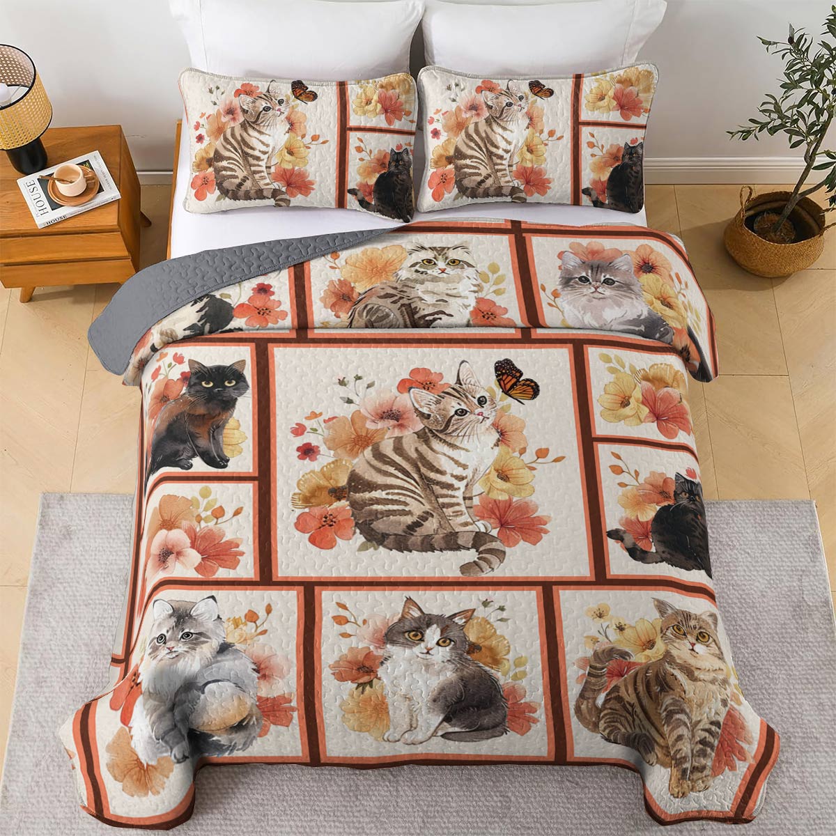 Shineful All Season Quilt 3-teiliges Set Katze und Blume 