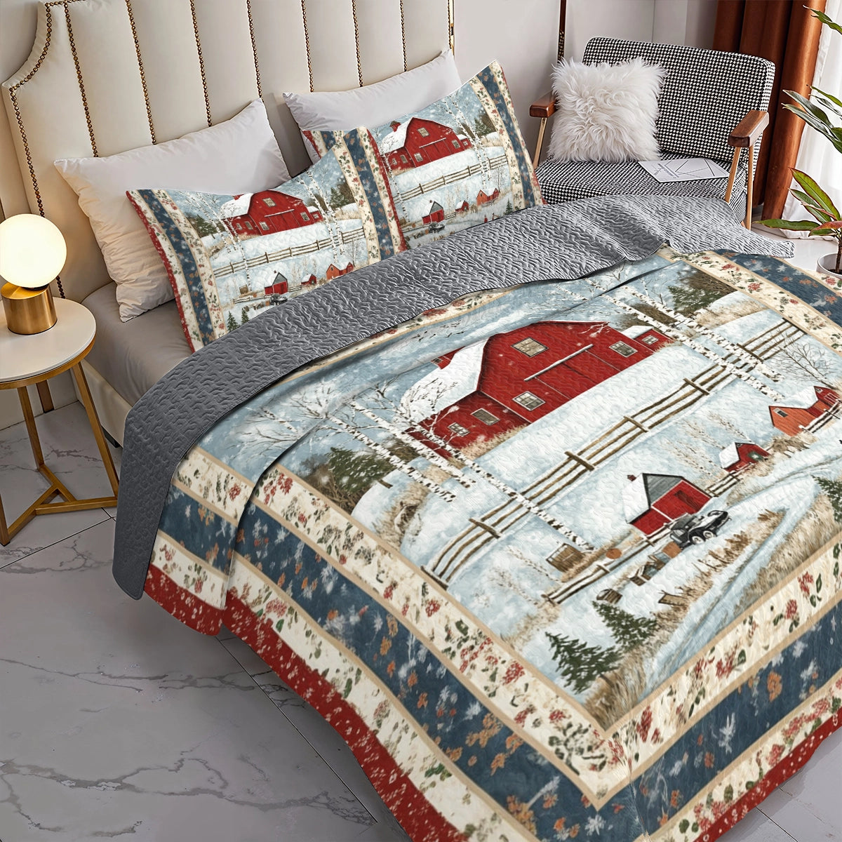 Shineful All Season Quilt 3-Piece Set Red Barn Christmas