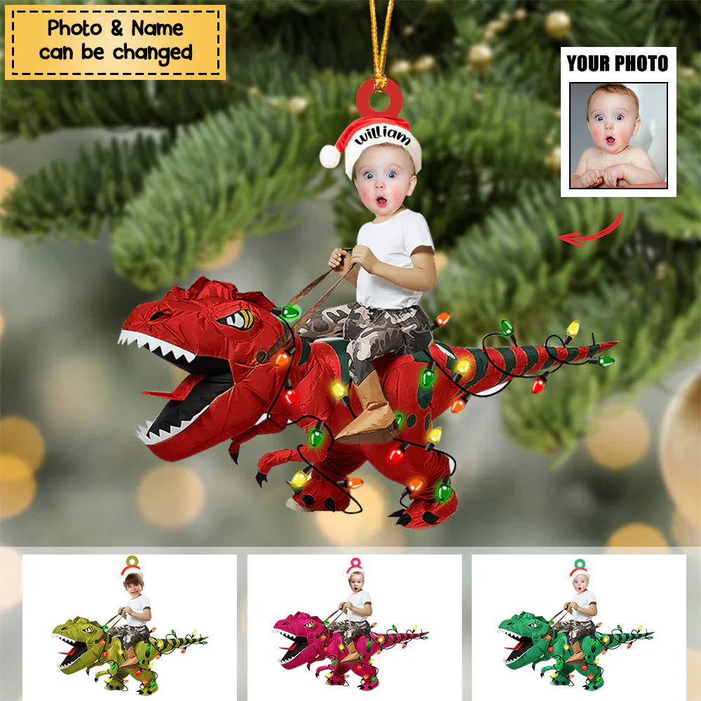 Personalisiertes süßes Kind reitet den Dinosaurier Weihnachtslicht Ornament 