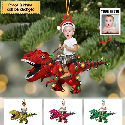 Personalized Cute Kid Rides The Dinosaurus Christmas Light Ornament