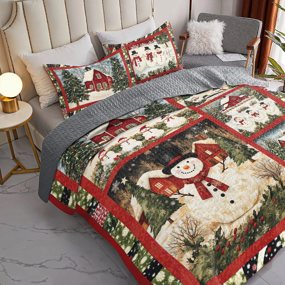 Shineful All Season Quilt 3-Piece Set Christmas Snowman's Village