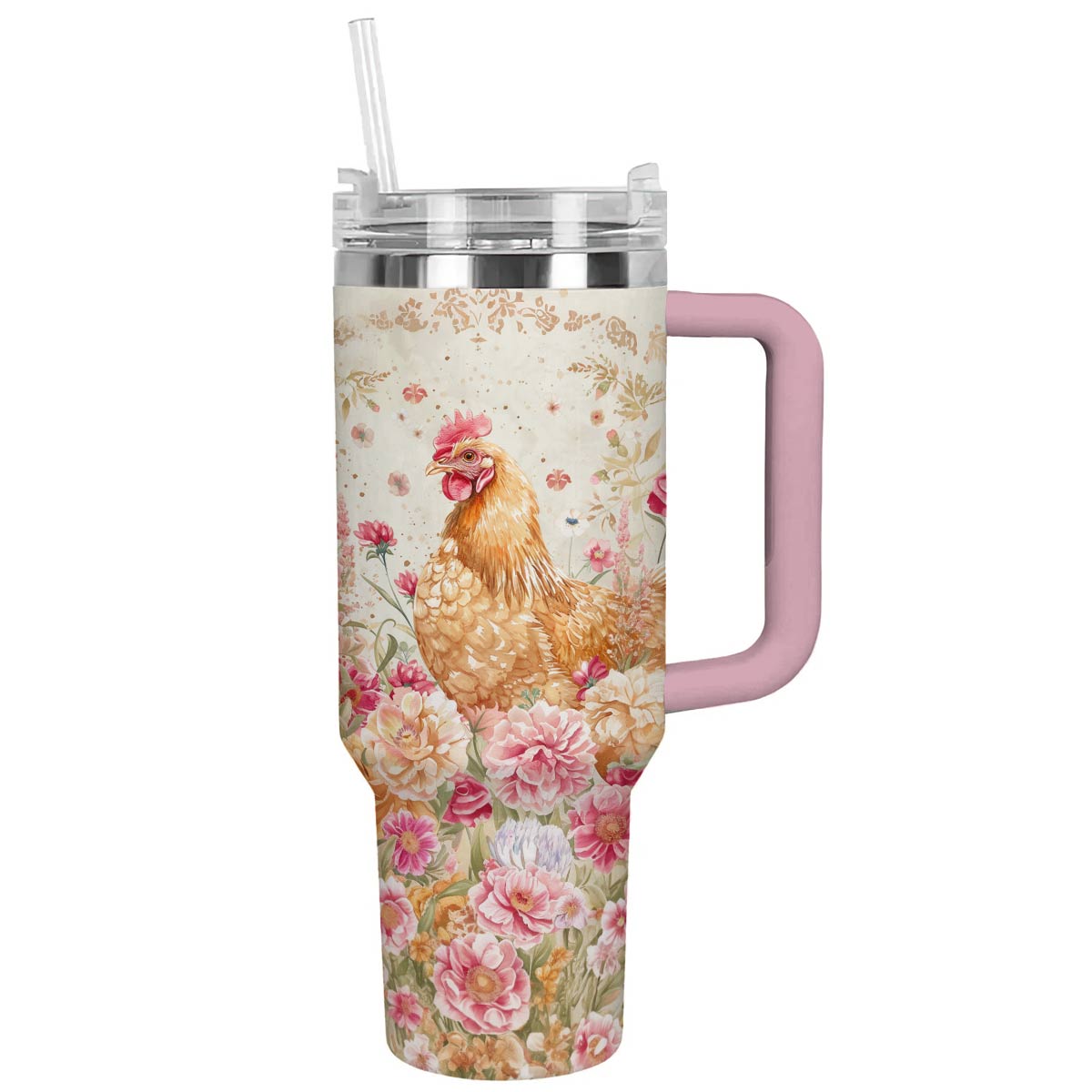 Poulet Shineful Tumbler dans le jardin fleuri