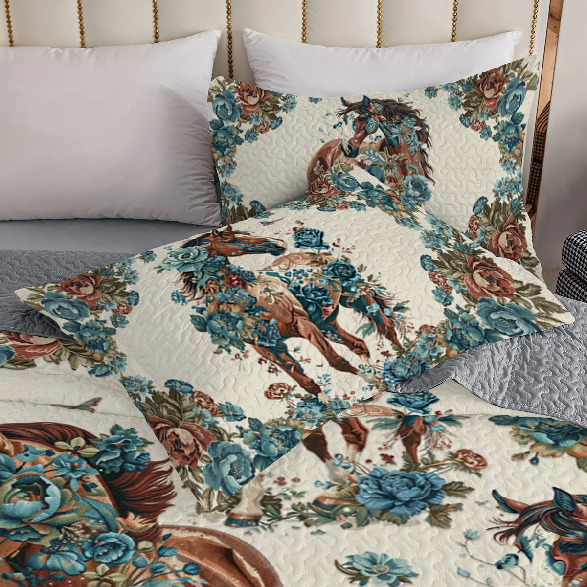 Shineful All Season Quilt 3-Piece Set Horse Floral Gallop