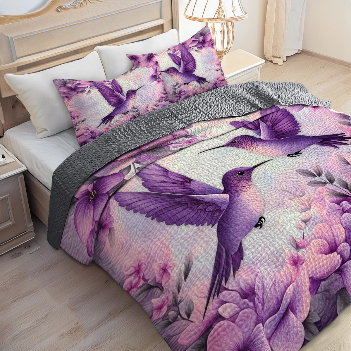 Shineful All Season Quilt 3-Piece Set - Purple Bliss Hummingbird