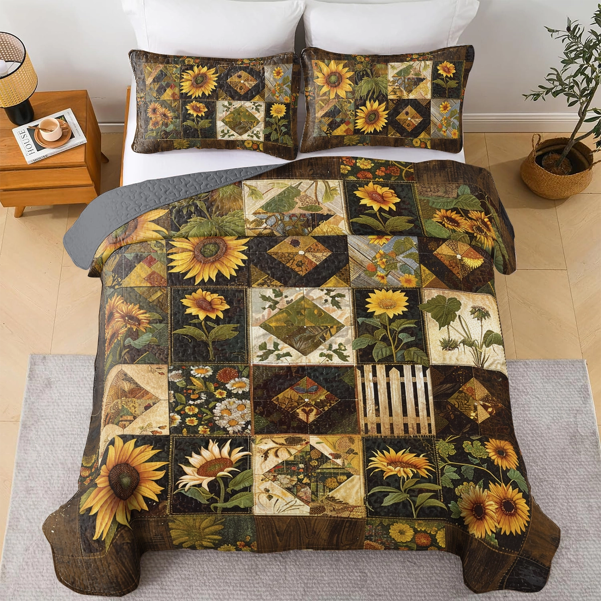 Shineful All Season Quilt 3-Piece Set Sunflower Golden Harves