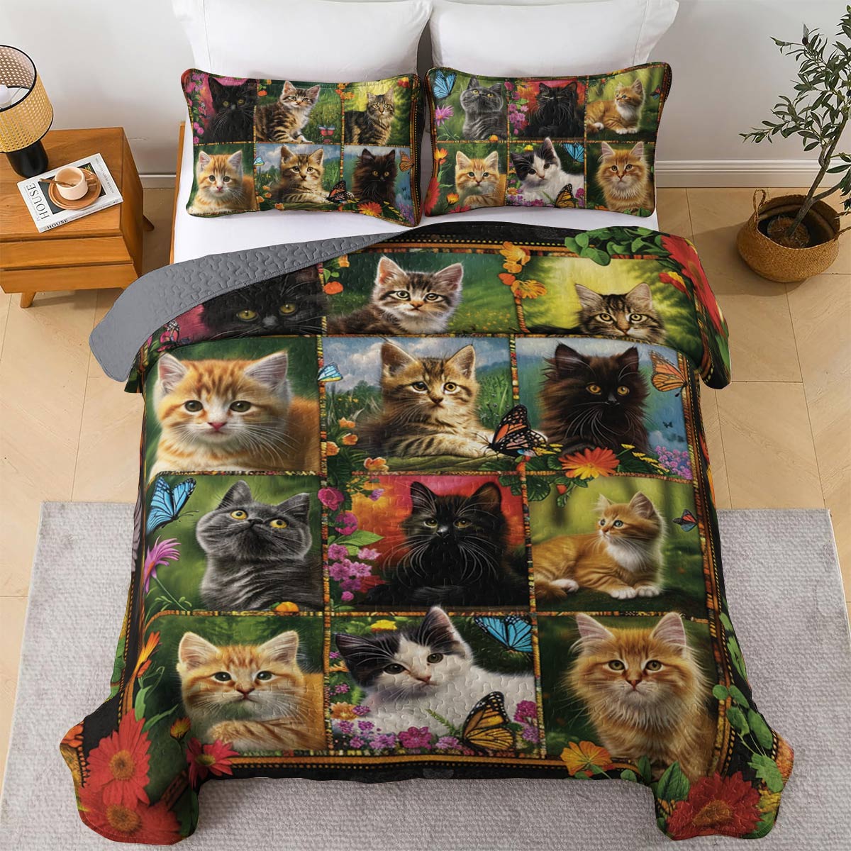 Shineful All Season Quilt 3-Piece Set Cat Elegent Flower