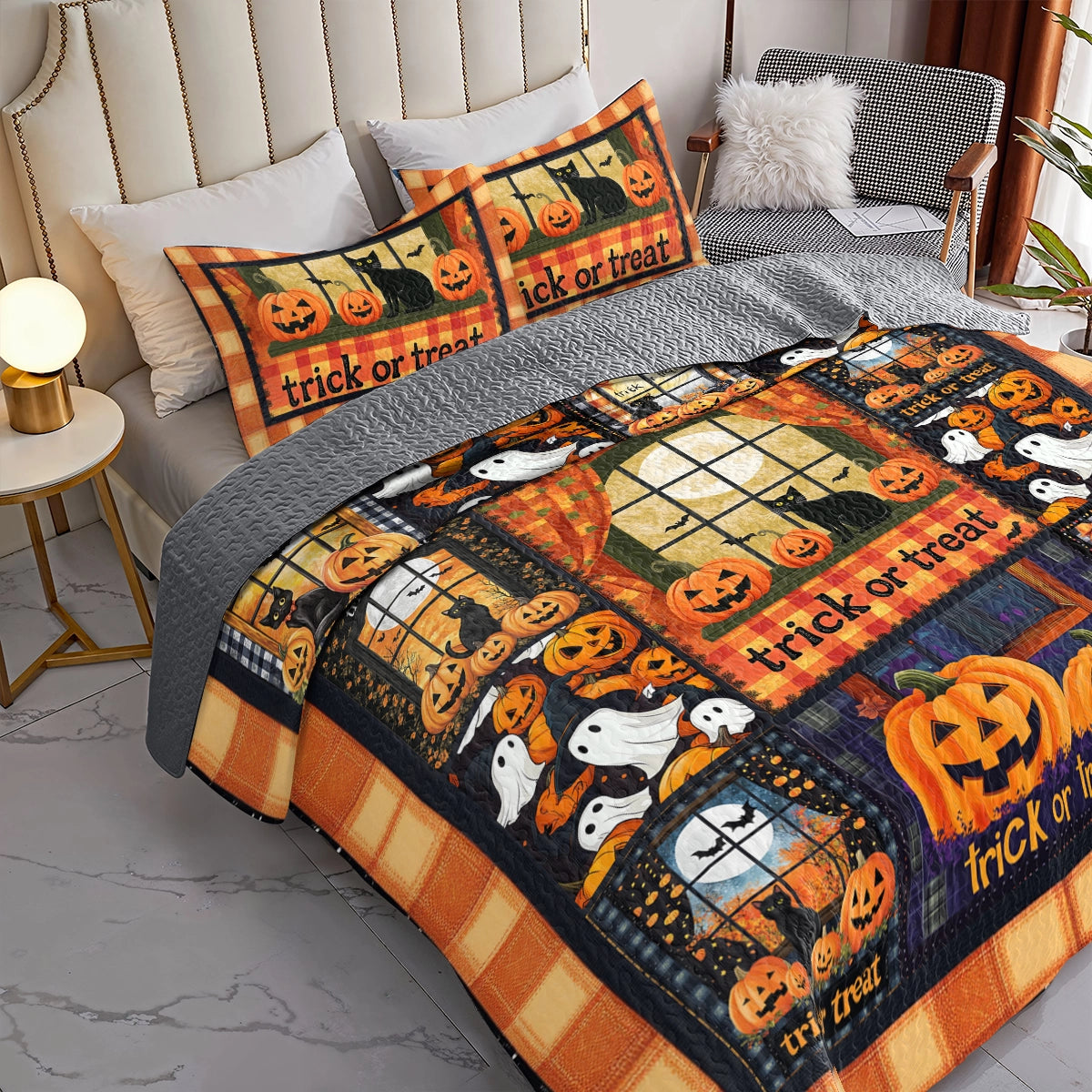 Shineful All Season Quilt 3-Piece Set Halloween Pumpkin Patch