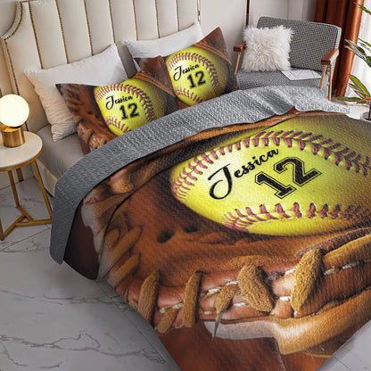 Shineful All Season Quilt 3-Piece Set Personalized Softball Star