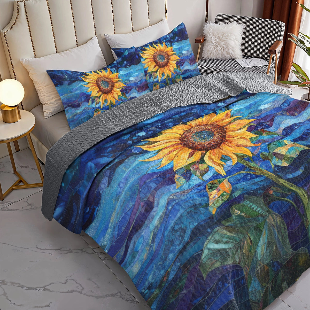 Shineful All Season Quilt 3-teiliges Set Wunderschöne sternenklare Sonnenblumennacht