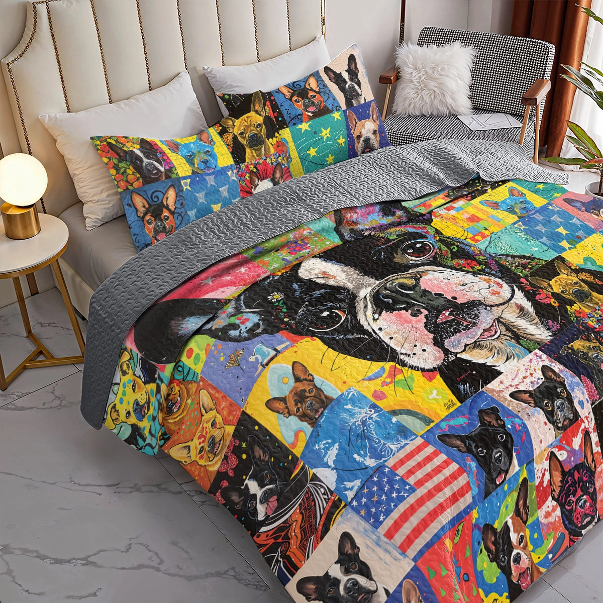 Shineful All Season Quilt 3-Piece Set Boston Terriers Patchwork