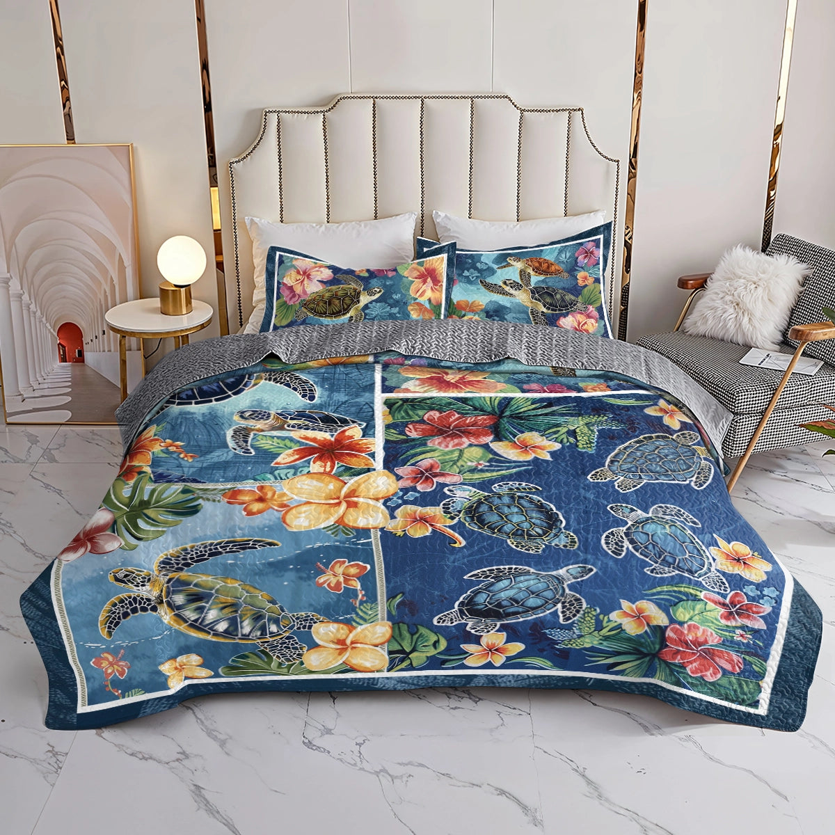 Shineful All Season Quilt 3-Piece Set Hibiscus Gentle Sea Turtle