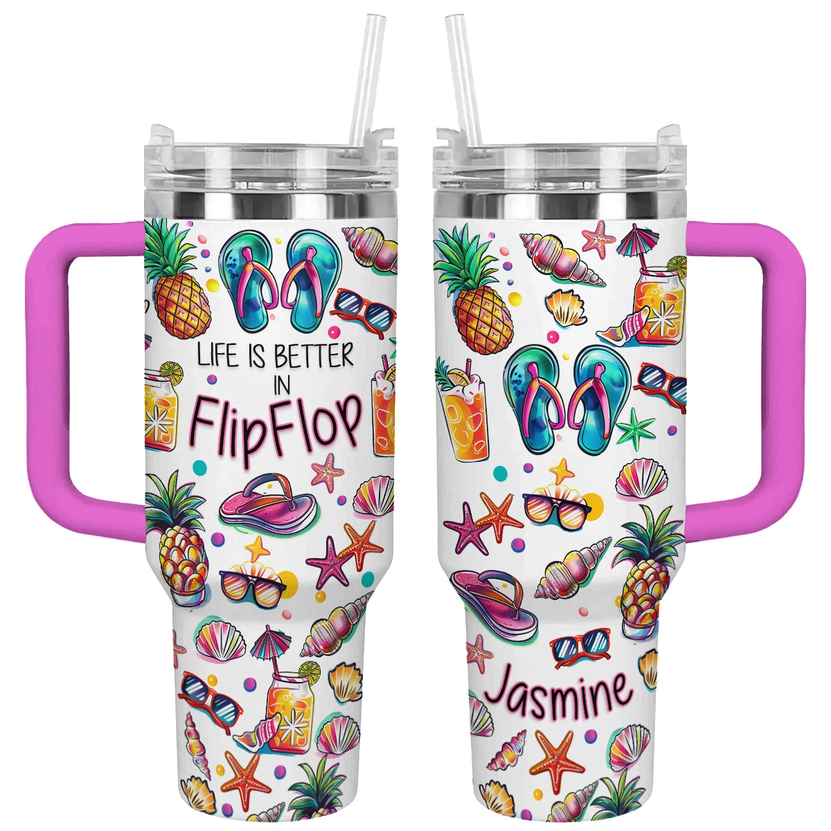 Glänzender Becher mit personalisiertem Sunny Flipflop