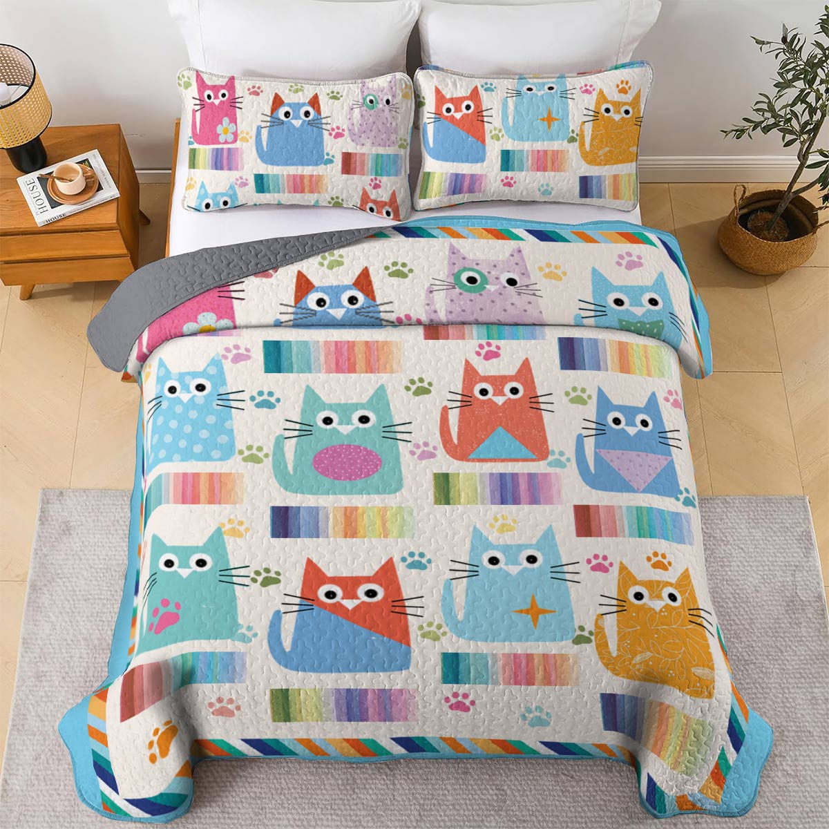 Shineful All Season Quilt 3-Piece Set Colorful Kitten