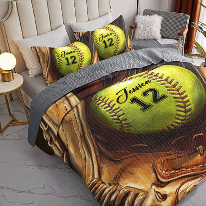 Shineful All Season Quilt 3-Piece Set Personalized Softball Dreams