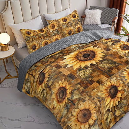 Shineful All Season Quilt 3-Piece Set Golden Rustic Sunflower