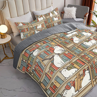 Shineful All Season Quilt 3-Piece Set Cozy Library Cats