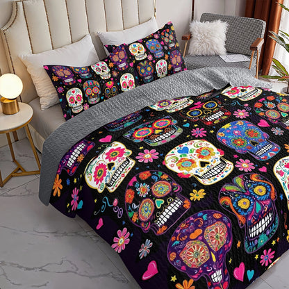 Shineful All Season Quilt 3-Piece Set Colorful Calaveras Skull