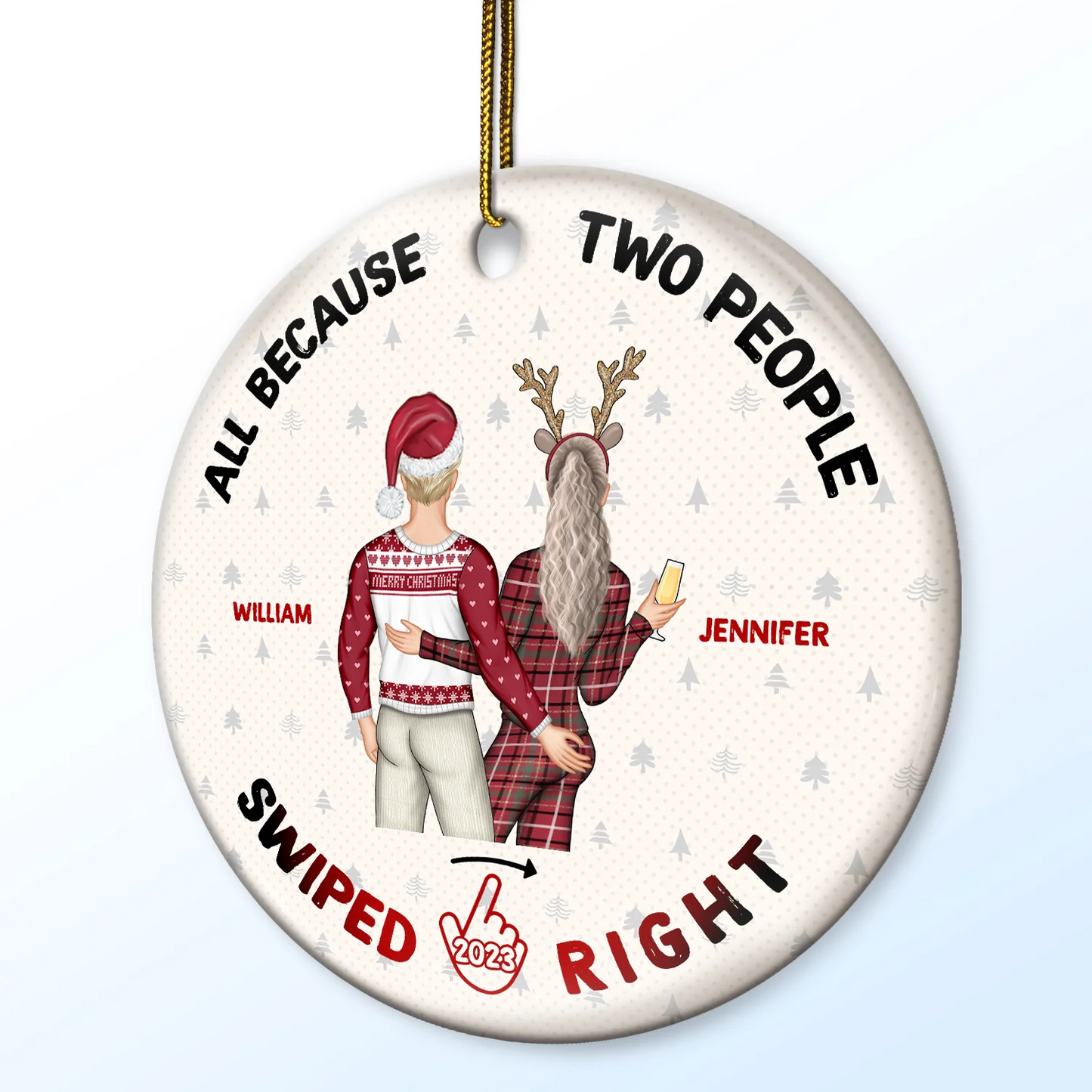 Christmas Swiped Right - Gift For Couples Personalized Custom Circle Ceramic Ornament