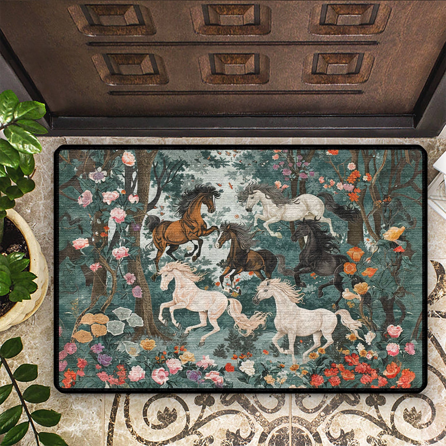 Ultra-Thin Non Skid Floor Mat, Kitchen Rugs Horse Flower