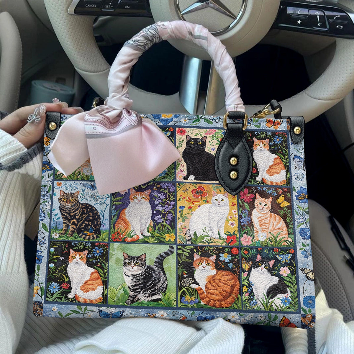 Shineful Leather Bag Cat Floral Felines