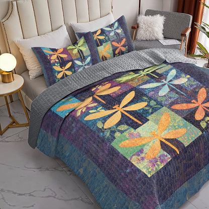 Shineful All Season Quilt 3-Piece Set Dragonfly Serenity Patchwork