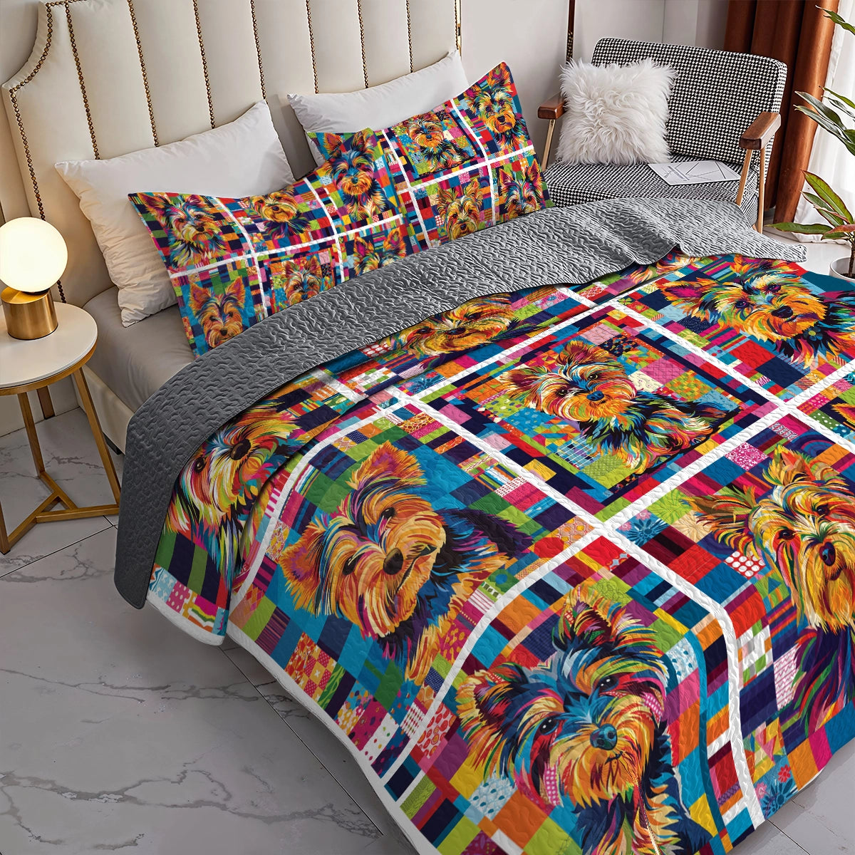 Shineful All Season Quilt 3-Piece Set Colorful Yorkie Delight