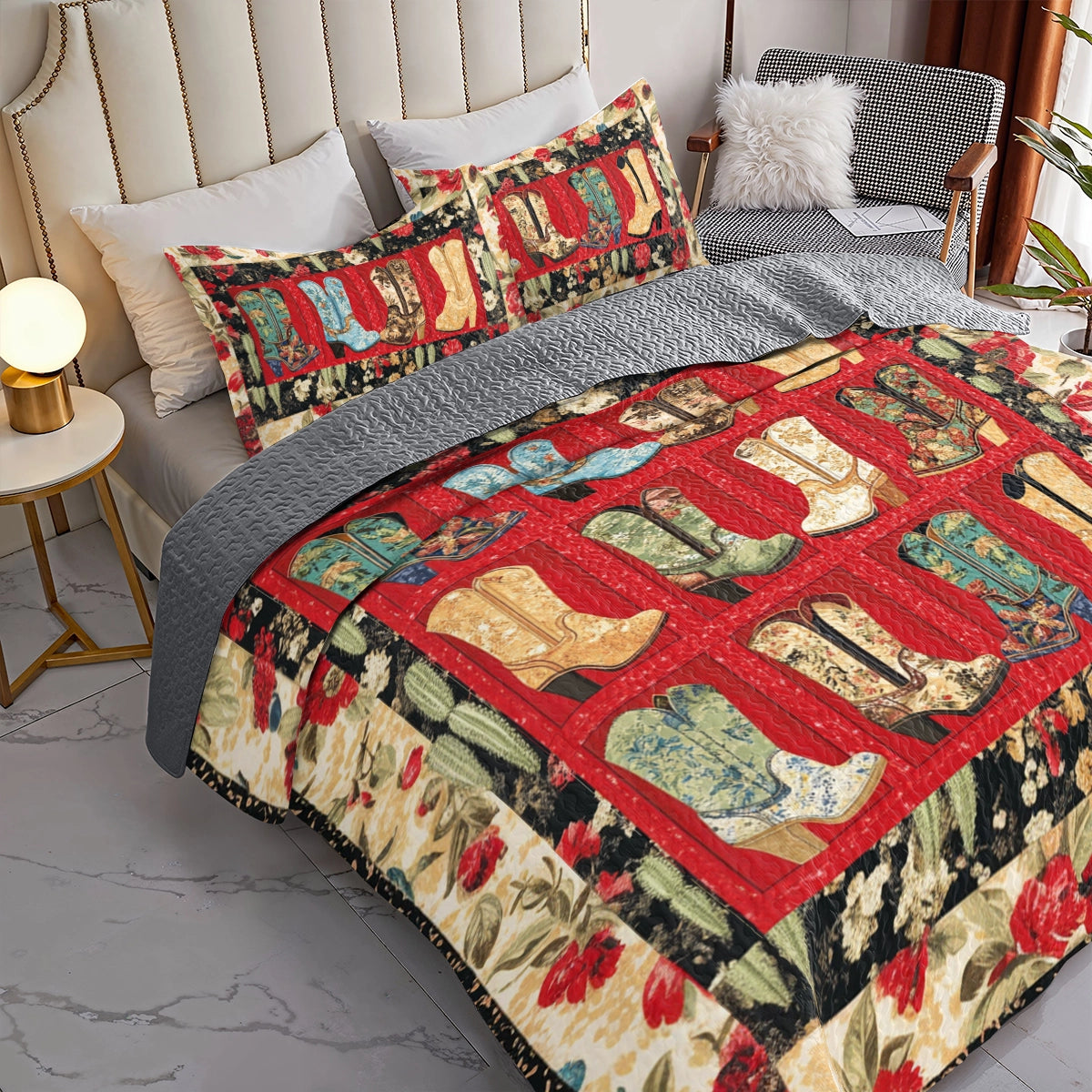 Shineful All Season Quilt 3-Piece Set Beautiful Cactus & Cowboy Boots