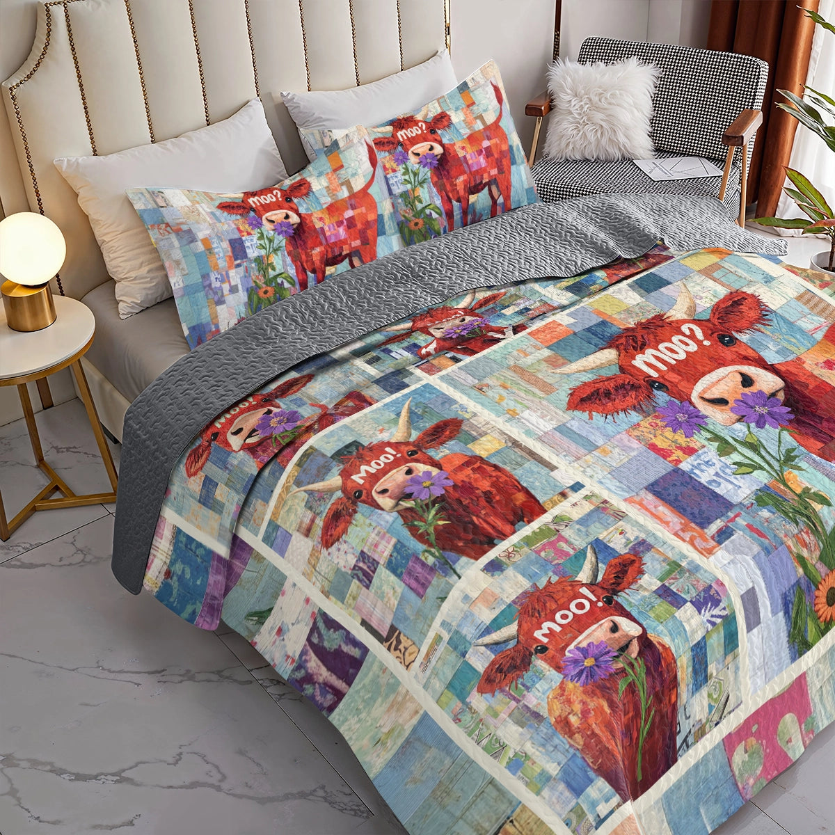 Shineful All Season Quilt 3-Piece Set Cow Moo Patchwork Delight