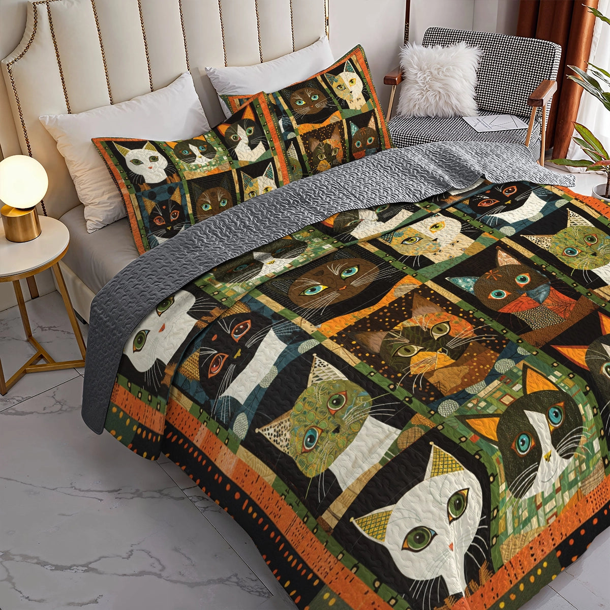 Shineful All Season Quilt 3-Piece Set Cat Faces Fantasy