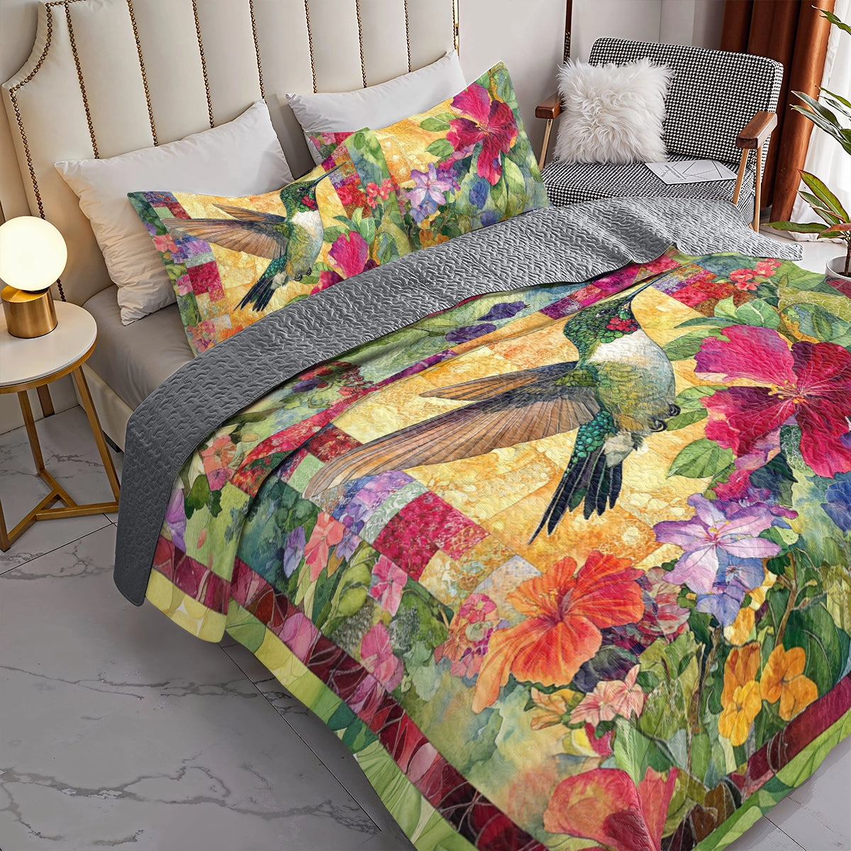 Shineful All Season Quilt 3-Piece Set Garden Glow Hummingbird