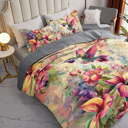 Shineful All Season Quilt 3-Piece Set Hummingbird Floral Flight