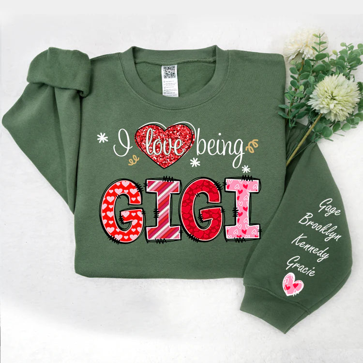 Shineful Fleece Crewneck Sweatshirt Personalized I Love Being Gigi Heart With Grandkids Names On Sleeve Sweatshirt